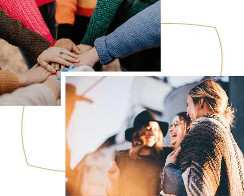 Group huddle and women talking in group
